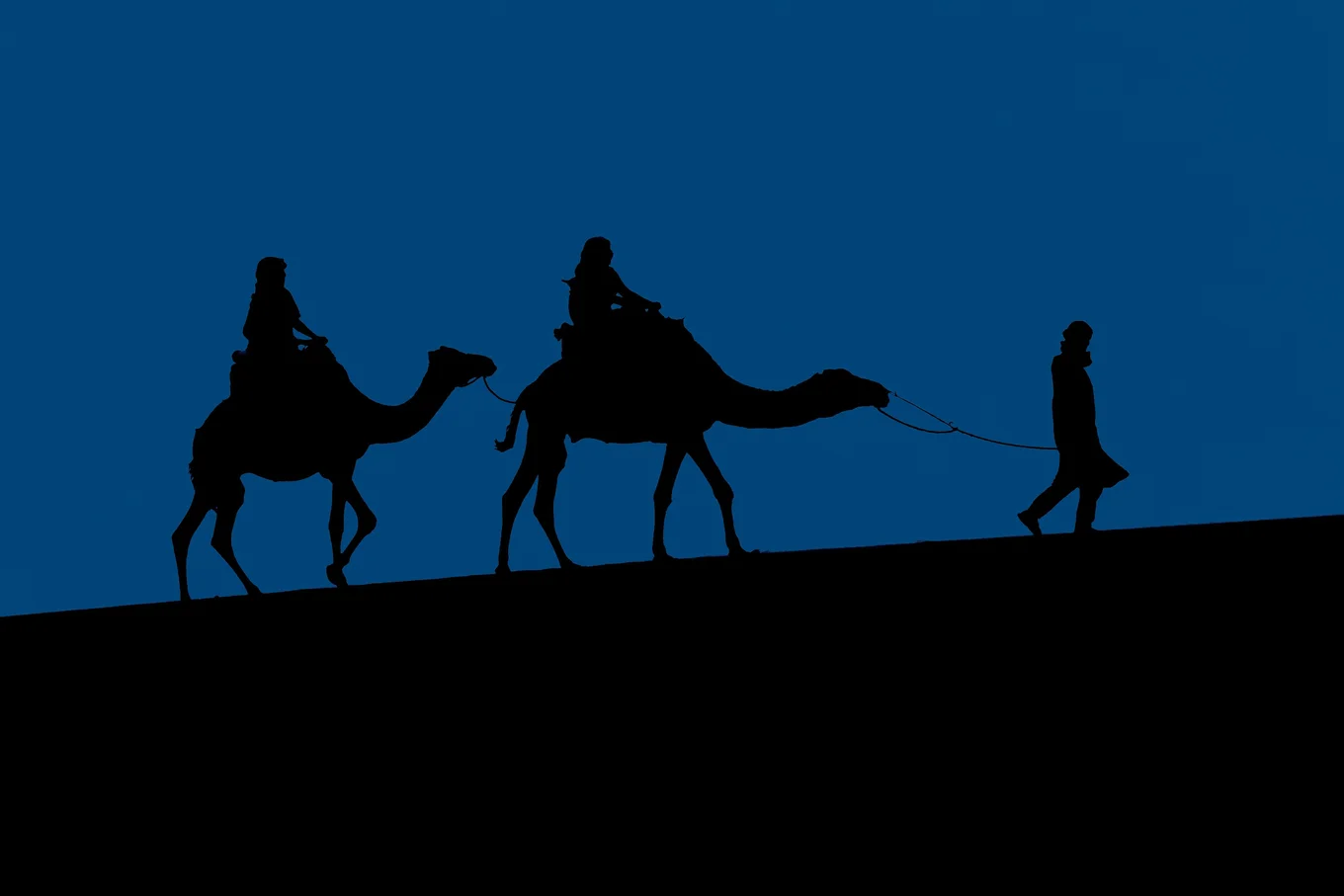 Silhouettes of camels and riders on a blue background.